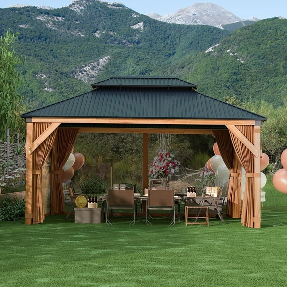 Hardtop Wood Gazebo 10x12 Ft for All Weather, with Double Metal Roof, Heavy Duty Wooden Frame, Net, and Curtain, Permanent Building for Patio, Deck, Backyard, Lawn, and Garden, Khaki