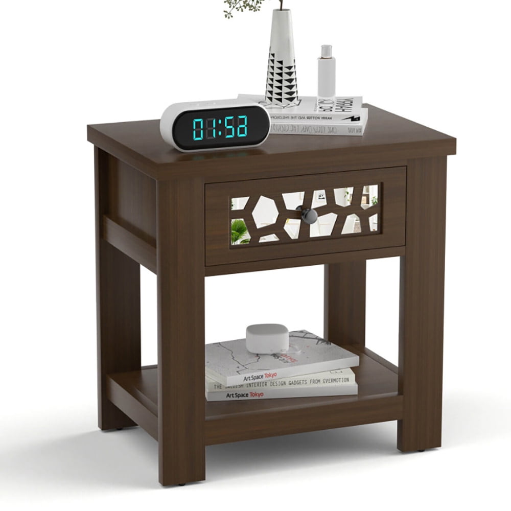 Finihen End Table, Wood Retro End Table with Mirrored Glass Drawer and Open Storage Shelf, Sofa Side Table, Bed Side Table, for Living Room, Bedroom, Brown Finihen End Table, Wood Retro End Table with Mirrored Glass Drawer and Open Storage Shelf, Sofa Side Table, Bed Side Table, for Living Room, Bedroom, Brown