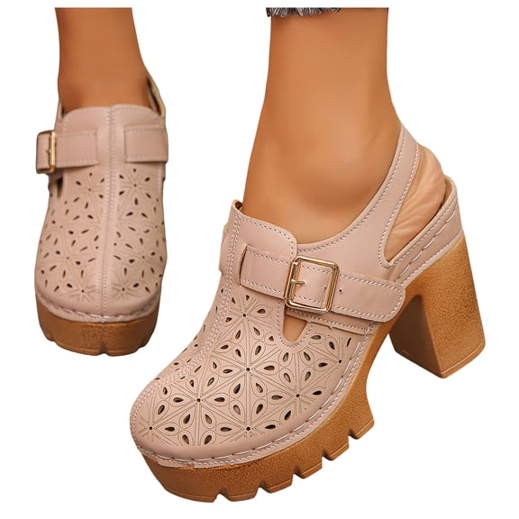 Rokment Womens Vintage Clogs Dress Sandals 2026 Spring Summer Casual Leather Hollow out Buckles Closed Toe Platform Chunky Block High Heels Slingback Pumps Beige Size 6.5