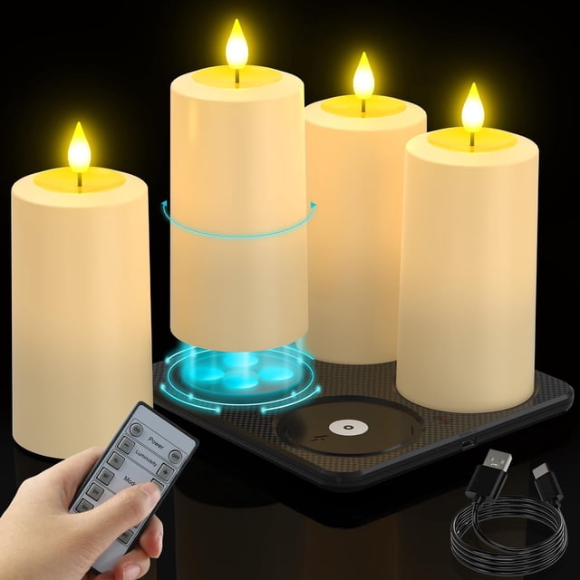 SoulBay Flameless Candles Rechargeable, 4 Pack LED Flickering Waterproof White Pillar Candles with Magnetic Charging Base Remote