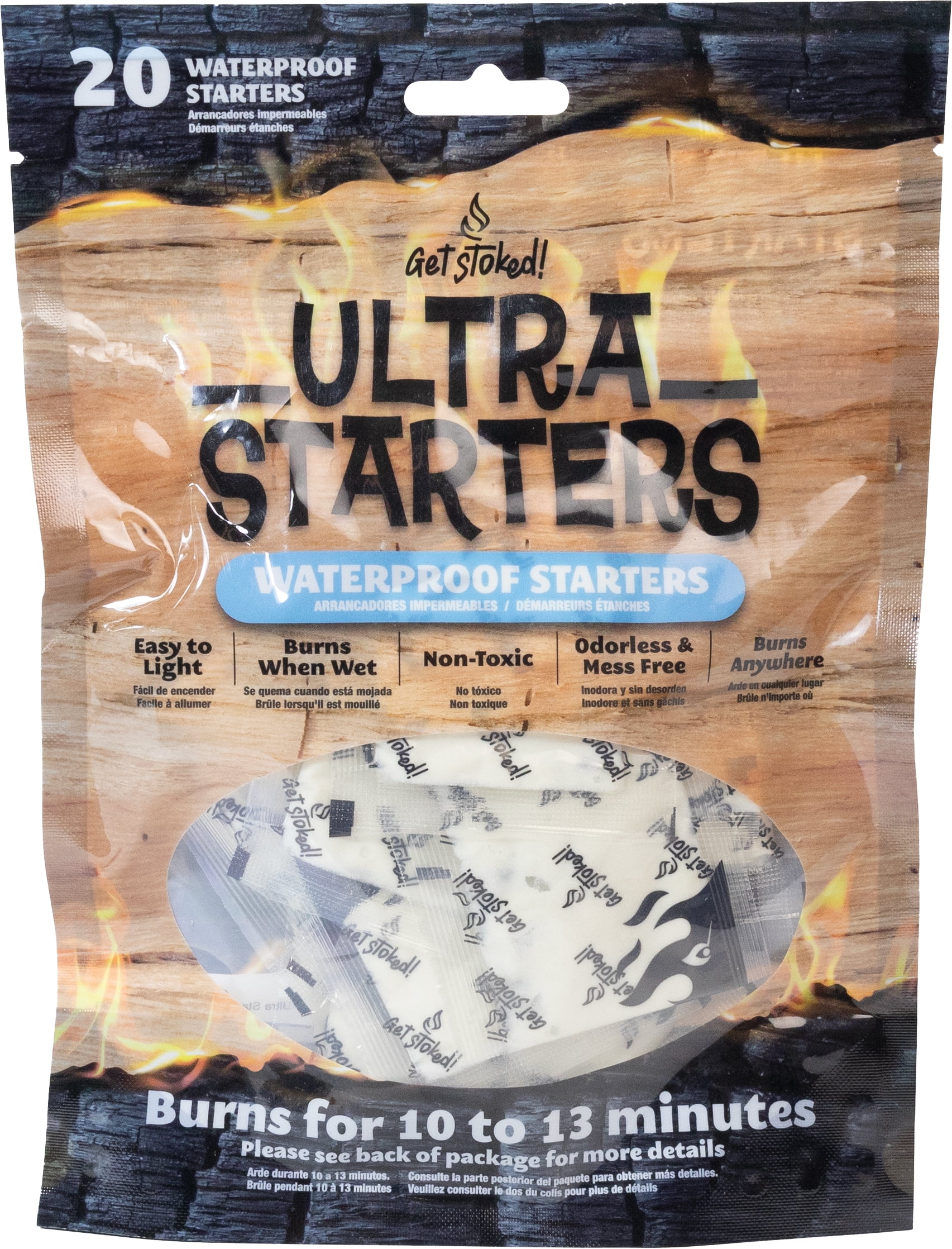 Get Stoked! Ultra Starters + Waterproof  Fire Starters + 20 Pieces per pack + Burns up to 13 Minutes + Burns when Wet