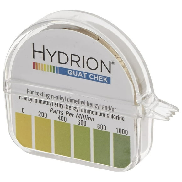 Micro Essential Lab QC-1001 Dispensador de papel de prueba Quat Check de plástico Hydrion de alto rango Tiras reactivas de servicio de alimentos de un solo rollo 0 - 1000 ppm (caja de 10)