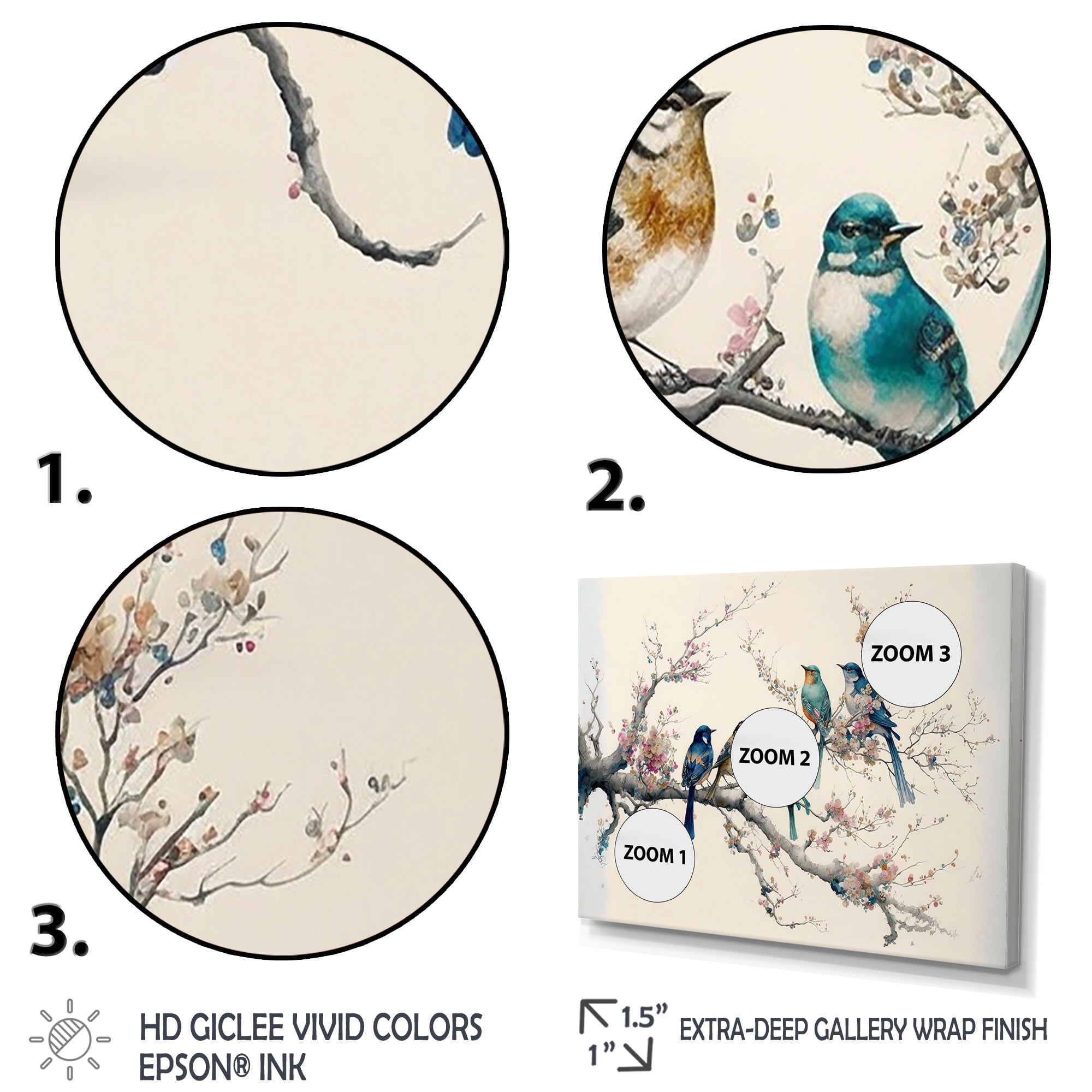 Designart Multicolor Birds On Plum Blossoms Tree I Canvas Wall Art