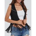 thumbnail image 6 of Women 70s Hippie Fringe Waistcoat Vest Sleeveless Cowgirl Tassel Rhinestone Vest Faux Suede Western Jacket Cardigan, 6 of 7