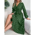 thumbnail image 5 of Women'S Polka Dot Wrap V Neck Belt Long Sleeve Pleated Maxi Dress Flowy Casual Long Dress Green XL, 5 of 9