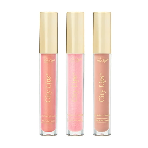 City Beauty City Lips Bestsellers - Sun Diego 0.16 oz, Tinsel Town 0.16 oz, Pink Nude 0.16 oz - Tinted Plumping Gloss with Hyaluronic Acid & Peptides for Hydrated Lips