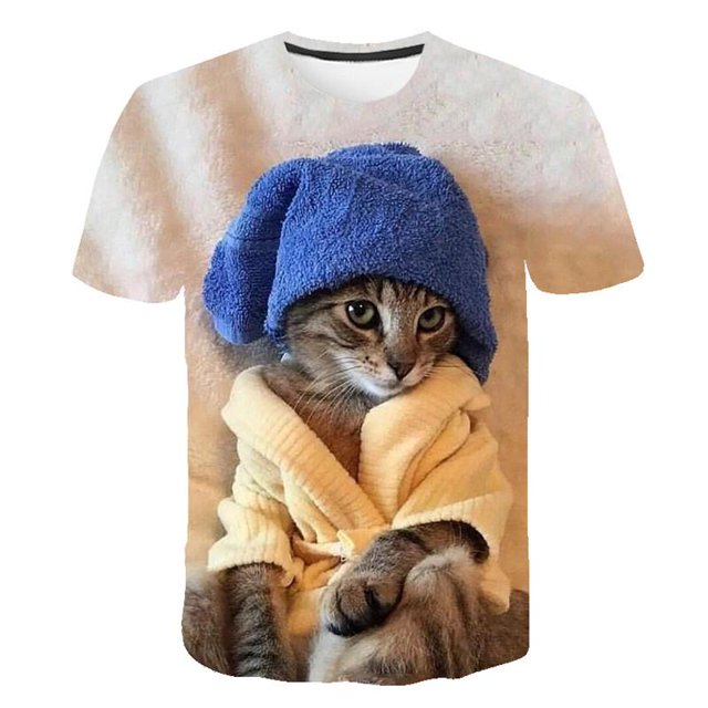 Camiseta con estampado 3D de dos gatos para hombre y mujer, camisa de manga corta, XXS, verano, 2021