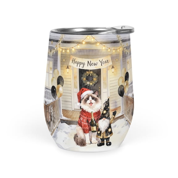 Happy New Year 2026 Ragdoll Santa Gnome Holiday Party Snow 12oz Stainless Steel Wine Tumbler Insulated Cup with Lid Cat Lover Kitten Owner Gifts Idea - 13019