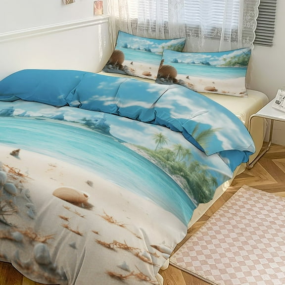 3PCS Seashell On The Beach Duvet Cover Set Twin, 1 Duvet Cover And 2 Pillowcase, Duvet Cover for Kids Girls Boys And Teens