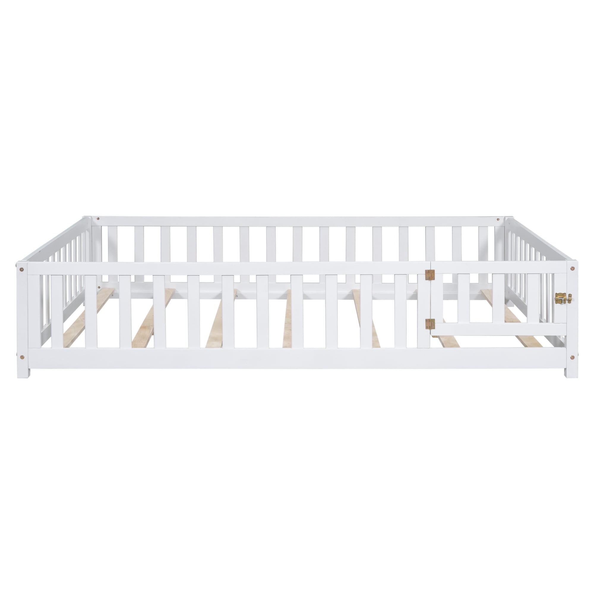 Leumius Full Size Floor Platform Bed Frame with Fence and Door for Kids, Montessori Floor Bed Frame with Support Slats for Toddlers White