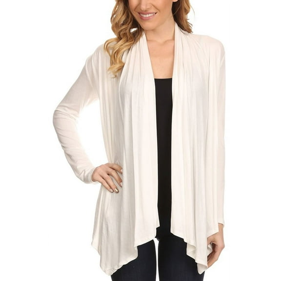 Moa Collection Women's Long Sleeve Relaxed Loose Fit Draped Neck Open Front Waist Length Solid Cardigan