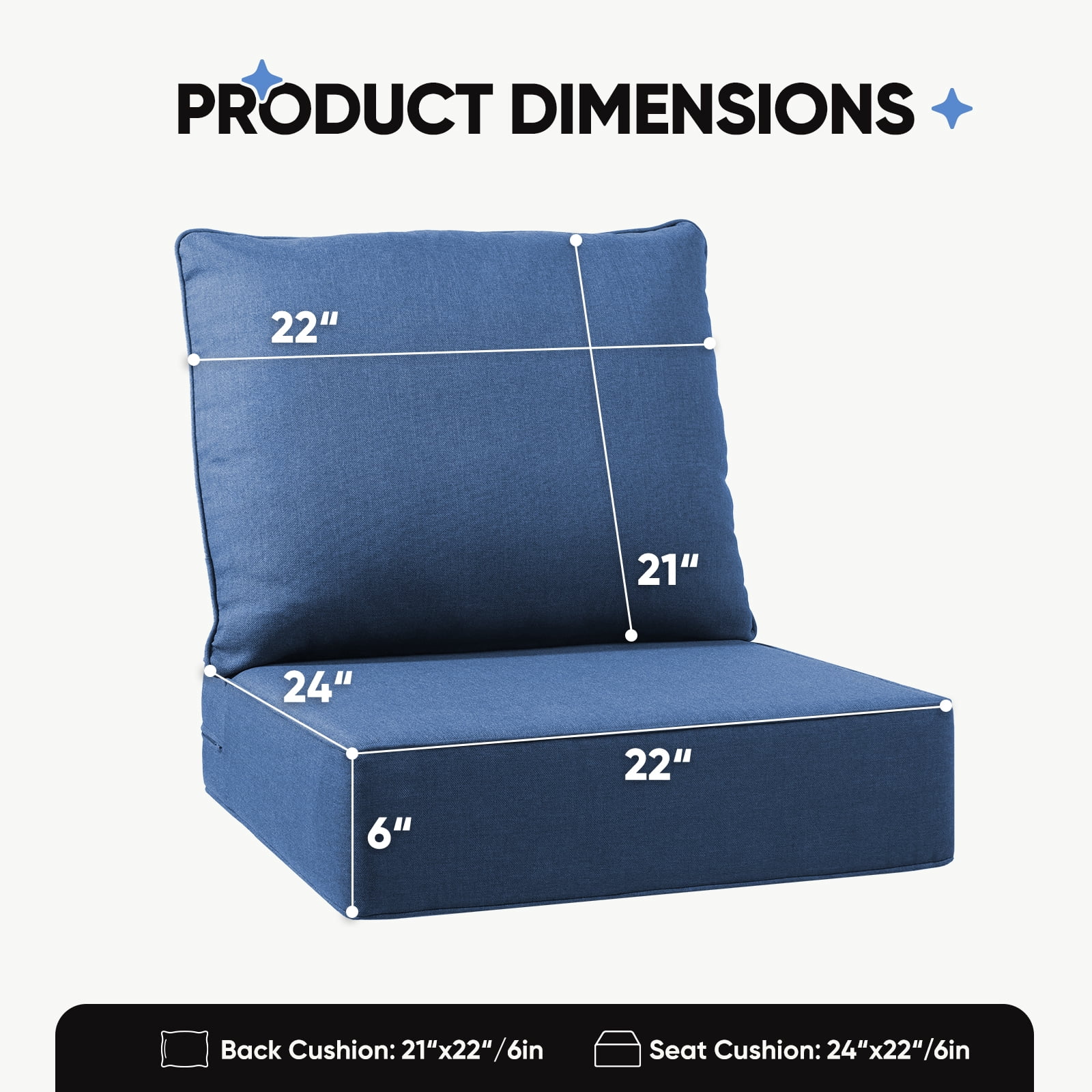 Joyofarm 24" x 22" x 6" Outdoor Chair Cushions for Patio Furniture, Deep Seat and High Back for Patio Rocking Dining Chair and Couch, Blue (Set of 4)