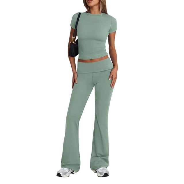 Cuhas.CA Ensemble 2 Pcs pour Femmes Été Mode Couleur Unie Col Rond Manches Courtes Pantalon Grand Ensemble Survêtement Femmes, P