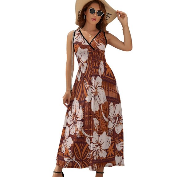 Hawaiian Hibiscus Flowers Sleeveless Dress Dresses Women Summer Evening Dresses Ladies Bohemia Long Dresses