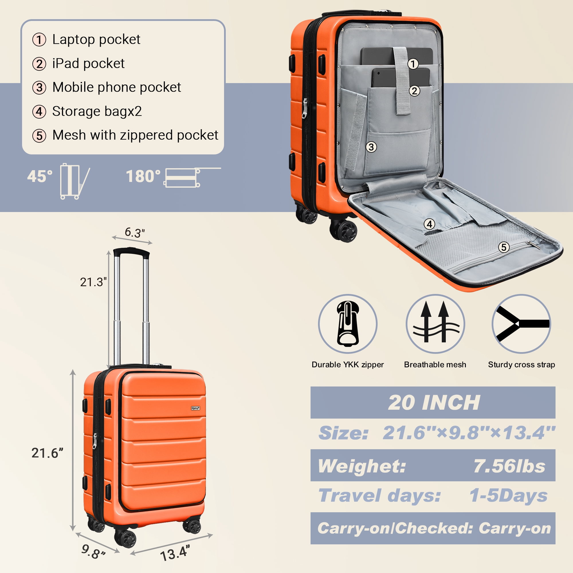 SmileLine 20 Inch Lightweight Hardside Expandable Carry-On Suitcase with Front Pocket,Navy