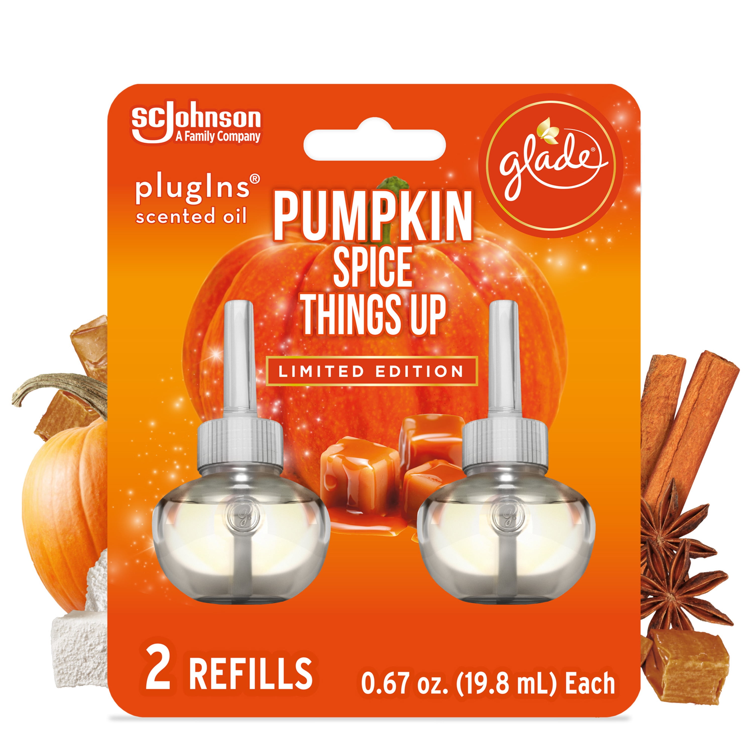 Glade PlugIns Refill 2 CT, Pumpkin Spice Things Up, 1.34 FL. OZ. Total, Scented Oil Air Freshener Infused with Essential Oils