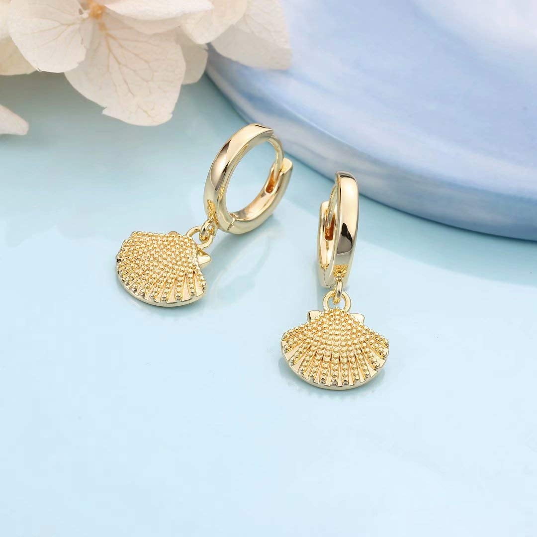 Turandoss Huggie Hoop Earrings for Women 14K Gold Plated Dainty Cubic Zirconia Sea Shell Charm Dangle Hypoallergenic Jewelry Mothers Day Birthday Gifts for Women Teen Girls