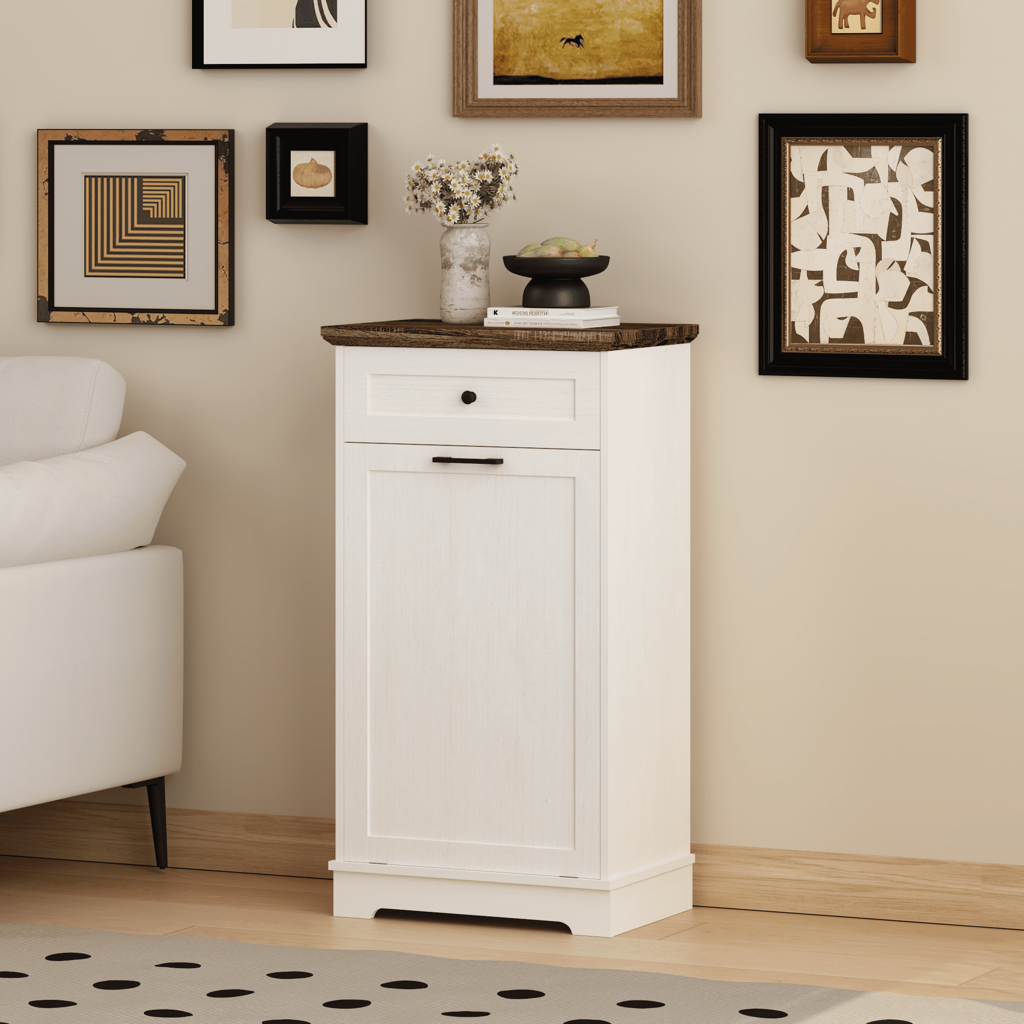 13 Gallon Tilt Out Trash Cabinet Freestanding Trash Bin Cabinet Wood Garbage Recycling Cabinet with Drawer Pet Proof Trash Can Holder for Kitchen Living Room, Antique White (Not include trash can)
