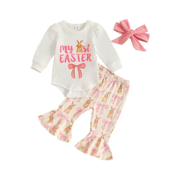 Baby Toddler Girls Easter Outfits 0 3 6 12 Months Puff Sleeve Bow Letter Print Romper Pants Headband Set Infant Clothes