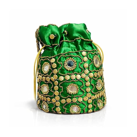 Handcrafted Embroidered Potli Bag for Women with Mirror Work and Beaded Design Traditional Drawstring Pouch Purse for Wedding Party and Festive Use-Green