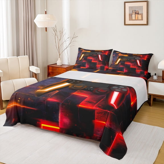 jejeloiu Modern Console Game Twin Sheet Sets,Cartoon Gamepad Twin Fitted Sheet,Red Orange Black Flat Sheet For Boys Teens,Super Cozy Room Decor,3pcs