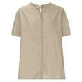 thumbnail image 3 of Fesfesfes Women's Linen T-shirt Featuring Ruffled V-neckline Front Placket Short Puff Sleeves Tee Solid Color Summer Loose Breathable Tops(Beige,XL), 3 of 5