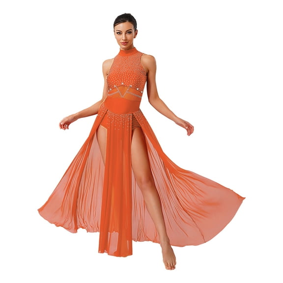 Oyolan Womens Lyrical Dance Dress Sleeveless Flowy Mesh Slit Hem Maxi Long Skirt Contemporary Dance Fluorescent Orange XL