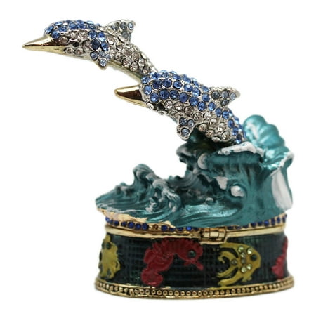 Dolphin Keepsake - Shimmering Blue Rhinestone Dolphin Pair Decorative Keepsake Box