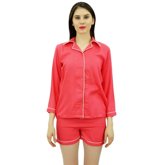 Bimba Button-Down Shirt With Elastic Waist Shorts 2 Pcs Full Sleeve Night Wear Set