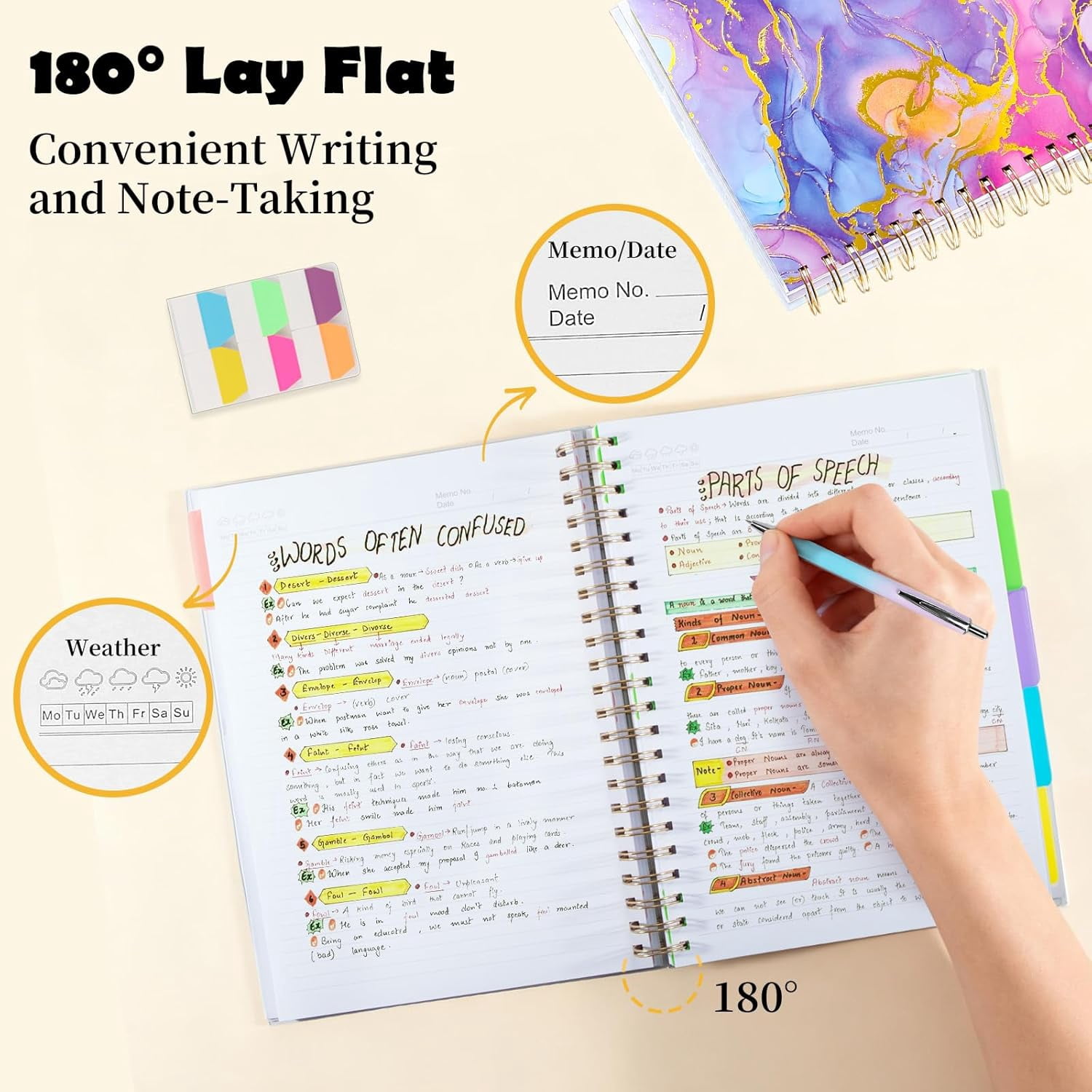 5 Subject Notebook College Ruled, A5 Spiral Notebook with Removable Pocket Dividers Tabs, Lined Organizer Notebook Journal for Women, 240 Pages Notebooks for Work School Note Taking, Pink Marble