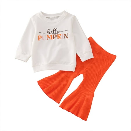 

Girl s Clothes Outfits Casual Baby Toddler Kids Sets Letters Prints Long Sleeves Tops Hoodies Pumpkin Prints Bell Bottom Pants 2Pcs Comfortable Outerwear Suits White 3-4 Years