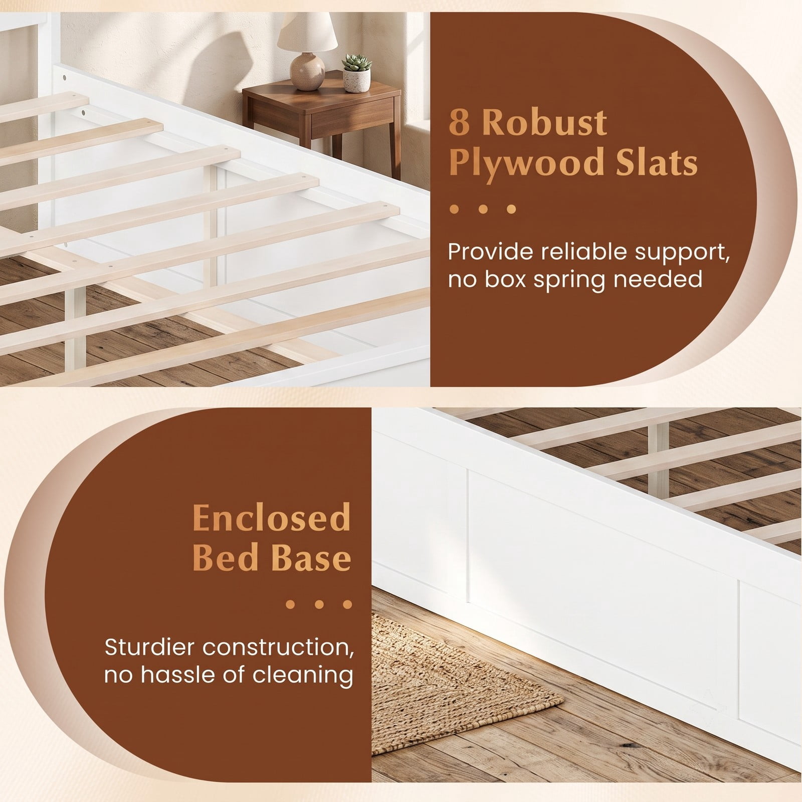 Furnibear Full Size Bed Frame with 2 Storage Drawers, Wood Platform Bed Frame with Plank Headboard for Bedroom and Guest Room, White