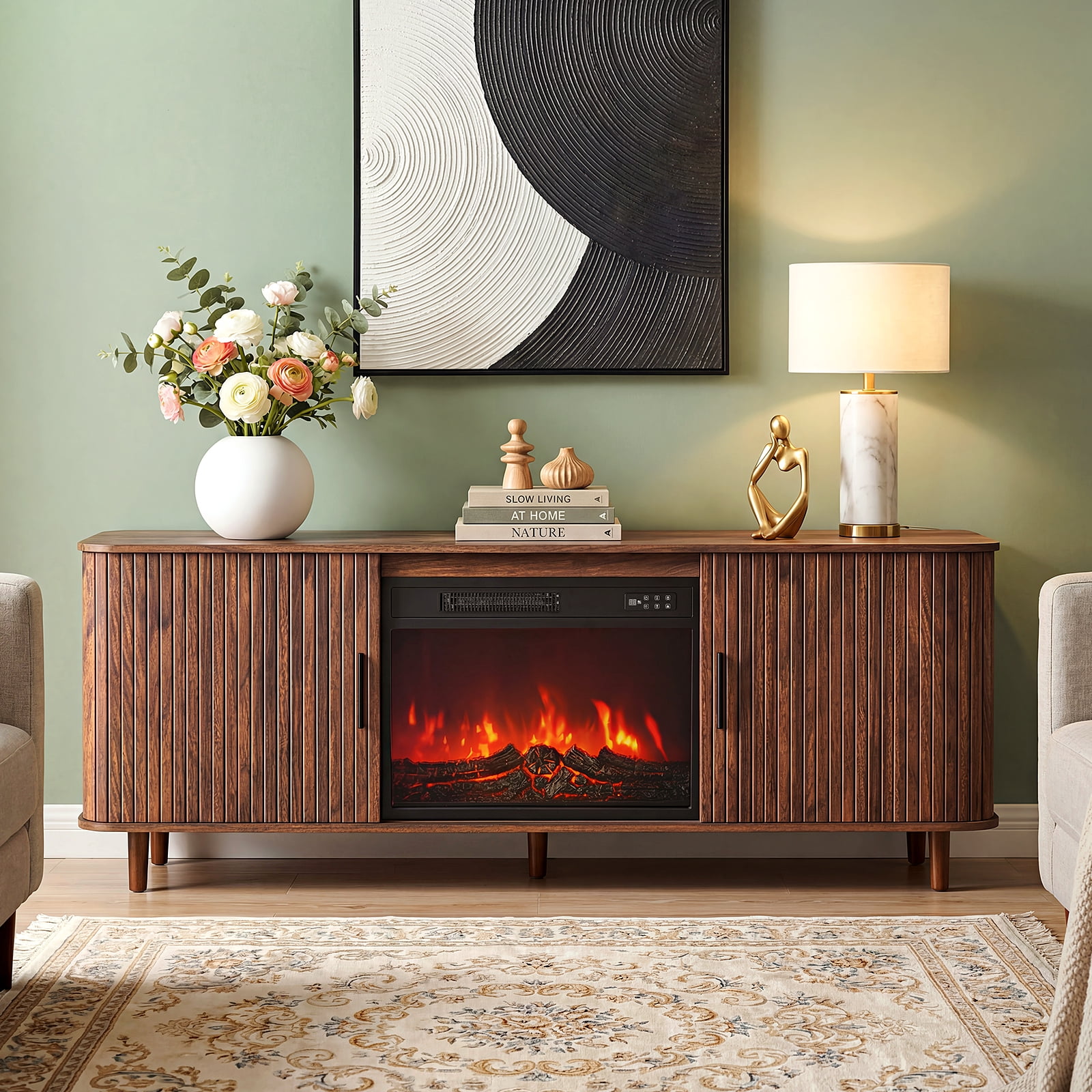 Dovov 70" Fireplace TV Stand for TVs Up to 80", Modern Fluted Entertainment Center Media Console Cabinet with 23" Electric Fireplace and Sliding Door, for Living Room, Walnut