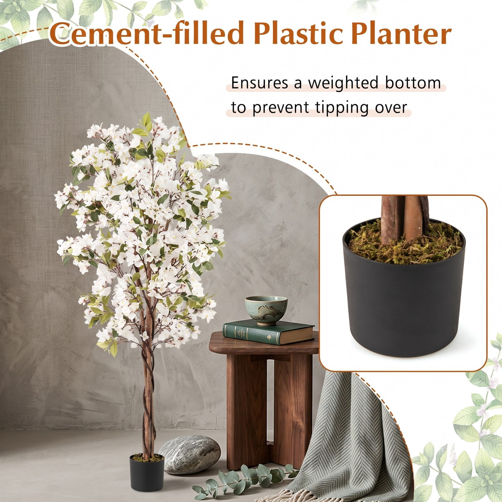 ALPULON 6 FT Artificial Bougainvillea Tree Set of 2 with 910 White Flowers, Faux Silk Flower Tree with Cement-Filled Planter for Indoor Outdoor Home Office Decor, White