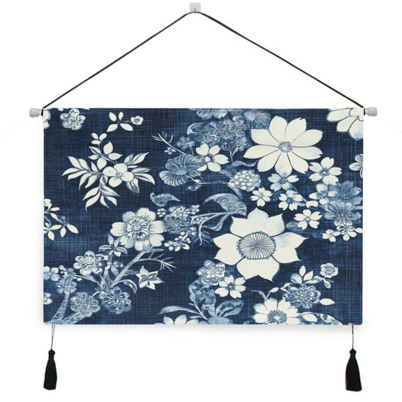 WOBOGO White Vintage Flower in Indigo Blue Living Room Canvas Wall Art Bedroom Study Framed Canvas Print Artwork Home Office Decorations 24.5×16.7in