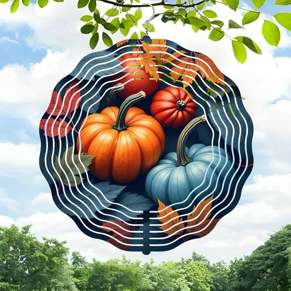 Vibrant 3D Metal Hanging Wind Spinners - Autumn-Themed Pumpkin & Leaf Design Wind Chimes for Yard & Garden Decor