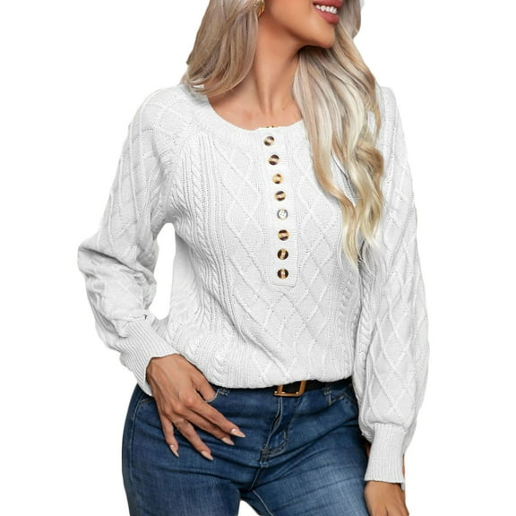 BLVB Women's Fall Winter Pullover Sweaters Casual Round Neck Button Long Sleeve Cable Knit Jumper Tops