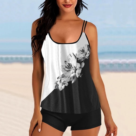 CALAFEBILA 2 Piece Ladies Swimsuit Modest Tankini Beach Floral Print Summer Bathing Suits