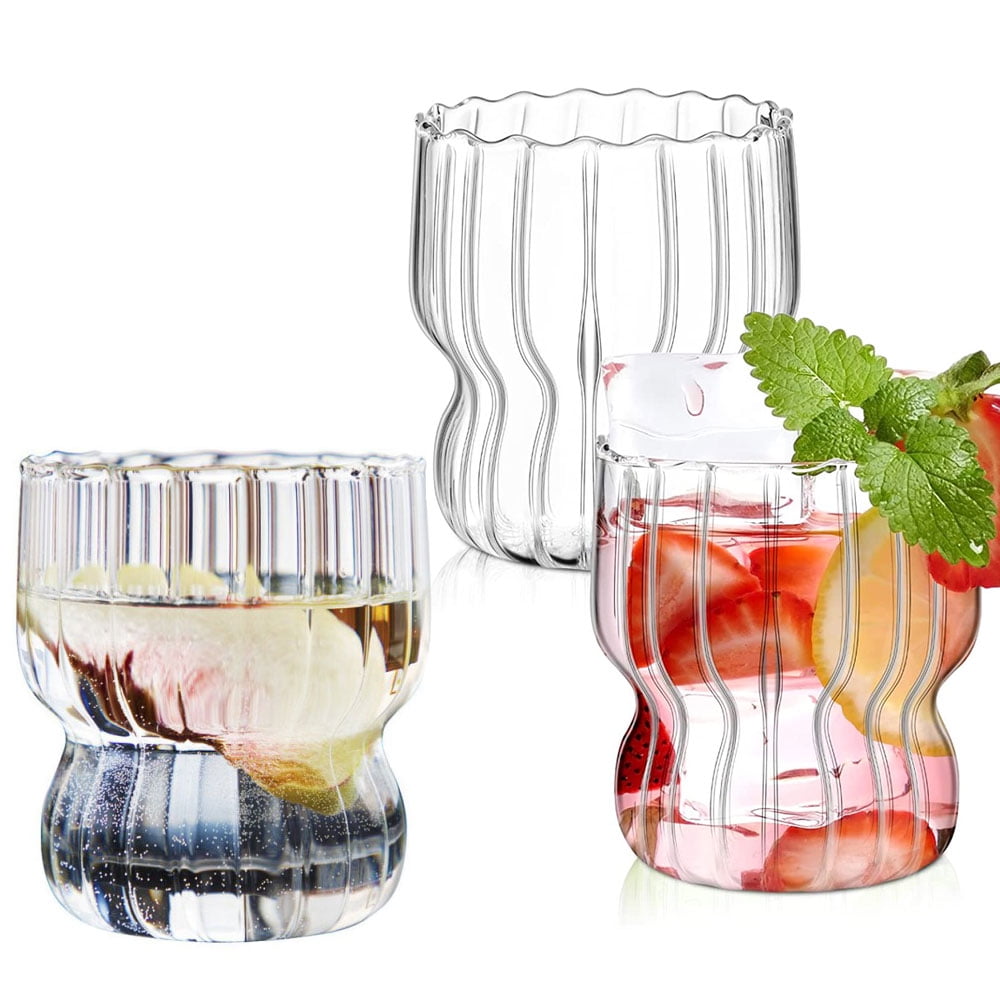 Ripple Glass Cups 4 Pcs Glass Cups Vintage Drinking Glasses Ribbed Glassware  Clear Glass Cup for Coffee Water Juice Bar Liquor Wine Glasses Beer Glasses  Beverage Cups Aosijia 