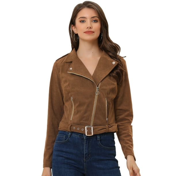 Chaquetas de Pana para Mujer Chaqueta de Motocicleta con Cremallera y Solapa con Muescas marrón XS