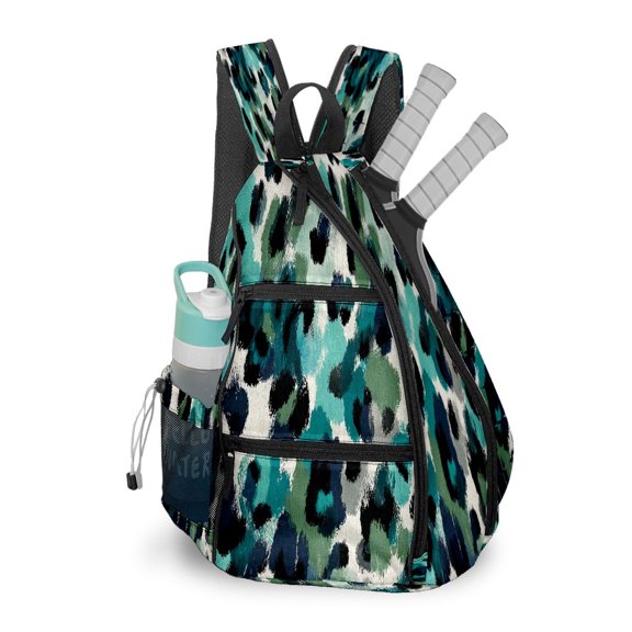 Pickleball Bag with Padded Back, Leopard Black Blue Multi-Compartment Paddle Backpack, Lightweight Nylon Sports Bag for Men & Women