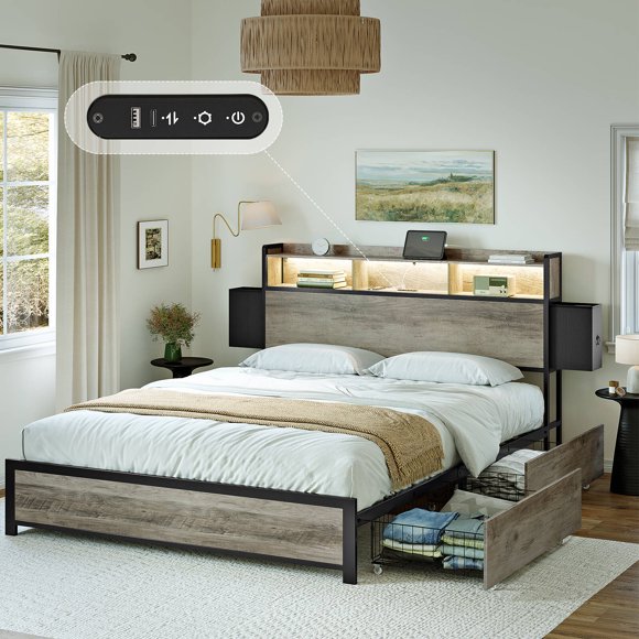 GUNAITO Cadre de Lit Grand avec Tête de Lit à 2 Tiroirs, Cadre de Lit Plateforme avec Lumières DEL, Station de Recharge, Gris