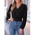 thumbnail image 5 of PRETTYGARDEN Women's Business Casual V Neck Wrap Blouse Lace Trim Soft Crop Tops, Smocked Waist Long Sleeve Shirts, Dressy Casual Office Work Going Out Outfits, Fall Clothes, 5 of 9