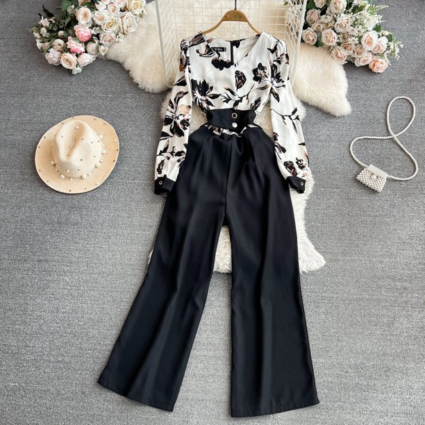 Mono de oficina de manga larga con cuello en V para mujer, mono informal de cintura alta, Pantalones rectos de pierna ancha, OL profesional