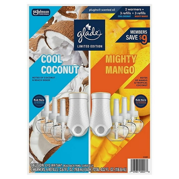 Glade PlugIns Scented Oil, Cool Coconut & Mighty Mango, 2 Warmers   6 Refills