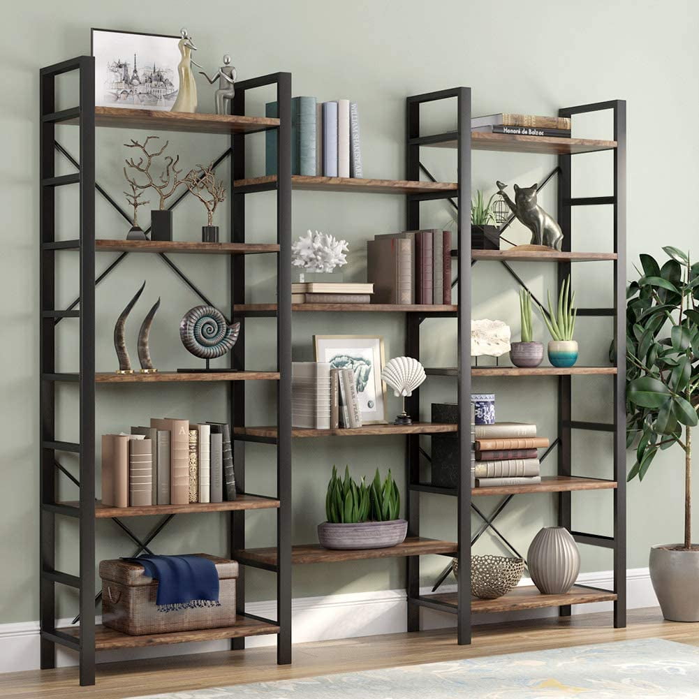 amzdeal Bookcase Large 5-Tier Bookshelf Industrial Wooden Metal Cube Shelving Unit Modern Wide Standing Shelf for Living Room Office 