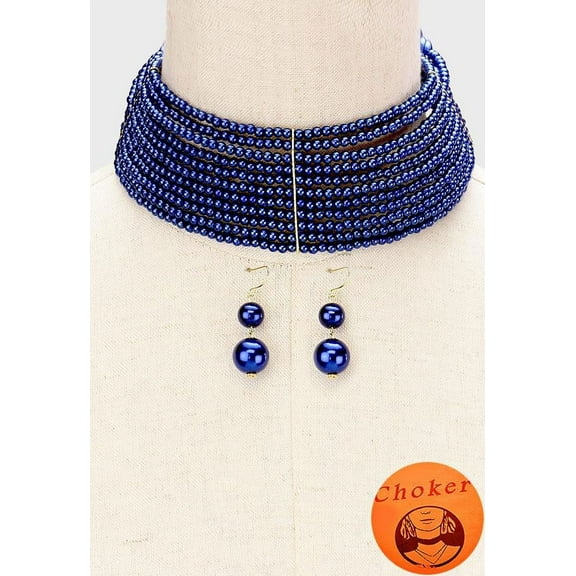 Pierced wire gold and blue bead choker necklace and earring set