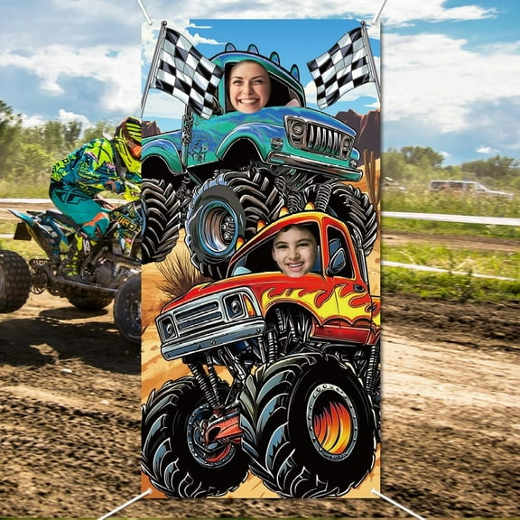 Monster Truck Photo Door Banner Decoration 5.9x2.9ft Truck Phtography Backdrop Large Fabric Trucks Birthday Party Face in Hole Backdrop Hanging Banner for Monster Trucks Birthday Party Supplies