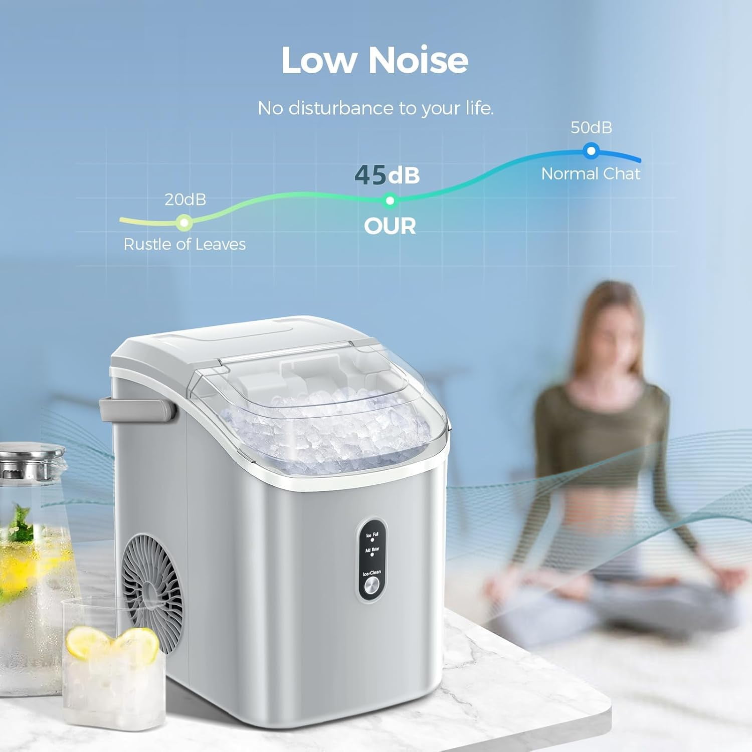 WAA Portable Countertop Ice Maker 34lbs/24H Soft Pellet Ice,Self-Cleaning,One-Click Ice Machine for Kitchen, Bar,RV Office(Grey)