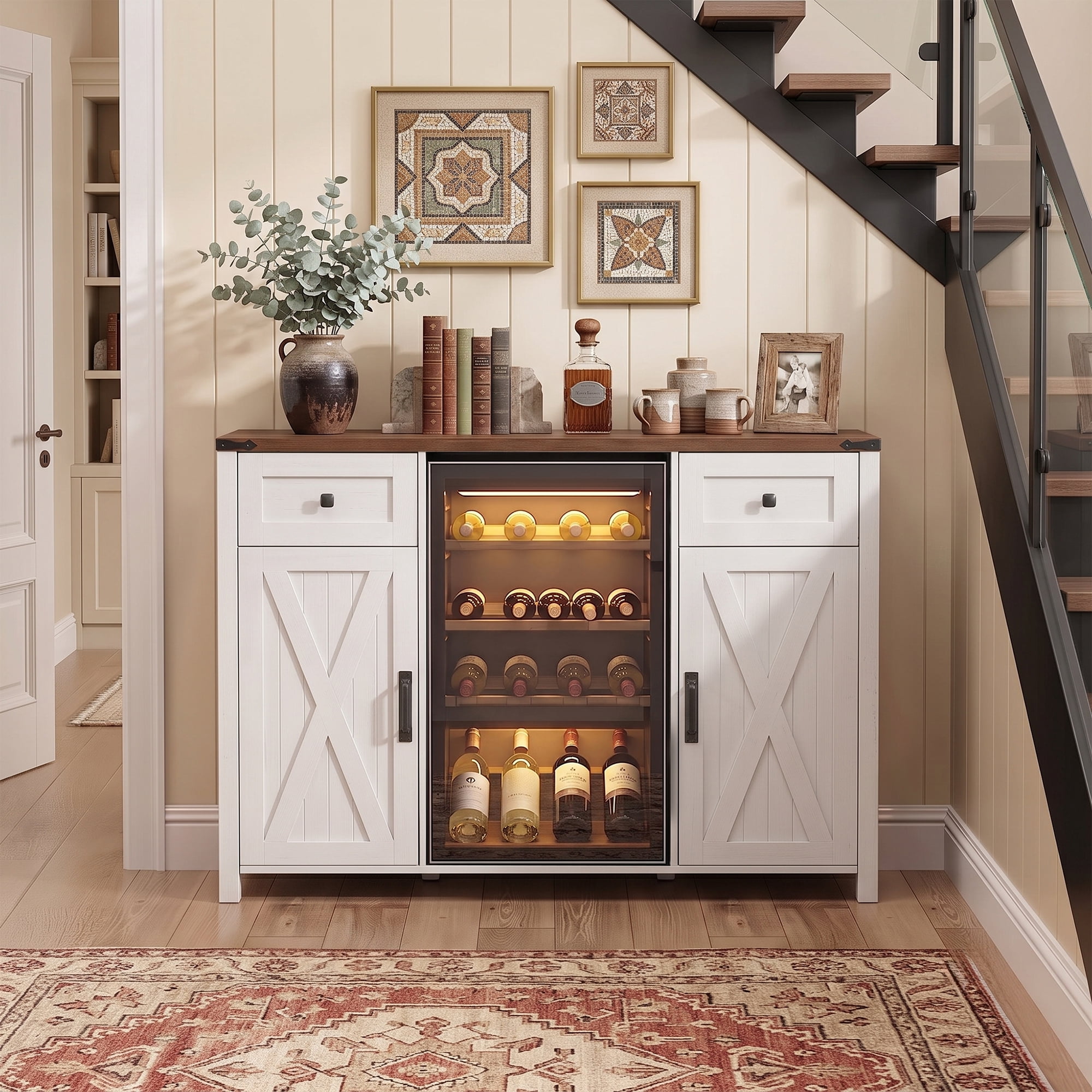 Euroco 53.2" Large Coffee Bar Cabinet with Fridge Space,Farmhouse Wine Cabinets with Storage,Power Outlet,& 2 Drawers,Fluted Buffet Sideboard for Kitchen Living Room,White
